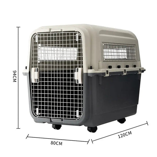 IATA Pet Transporter XX Large, grey and black wheeled hard-shell pet carrier with metal door, 120 × 80 × 94 cm