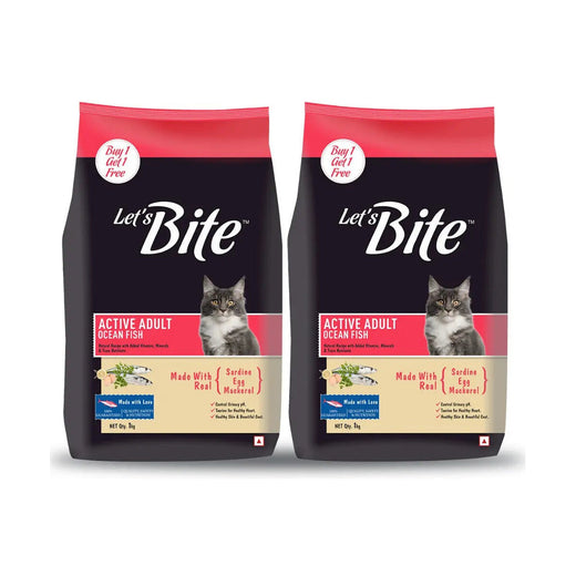 Let's Bite Active Adult Ocean Fish Dry Cat Food - 2 kg (1 kg × 2) pack front