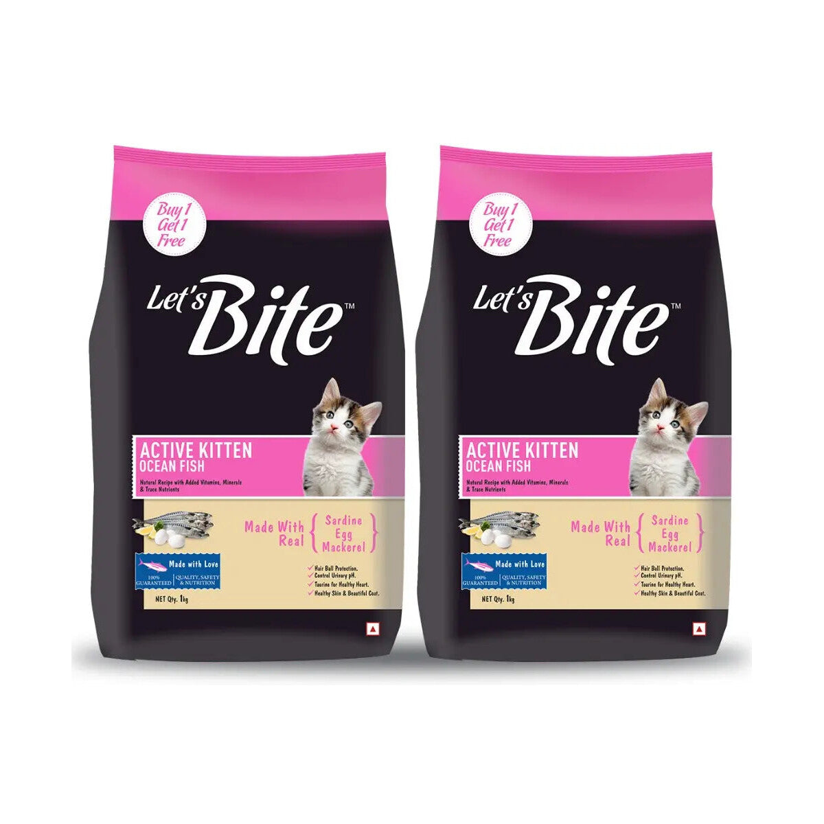 Let's Bite Active Kitten Ocean Fish Dry Cat Food - 2 kg (1 kg × 2) pack front
