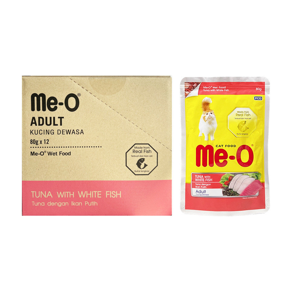 Me-O Tuna and White Fish Topping Pouch for Cats - 80 g × 12 Pouches pack front