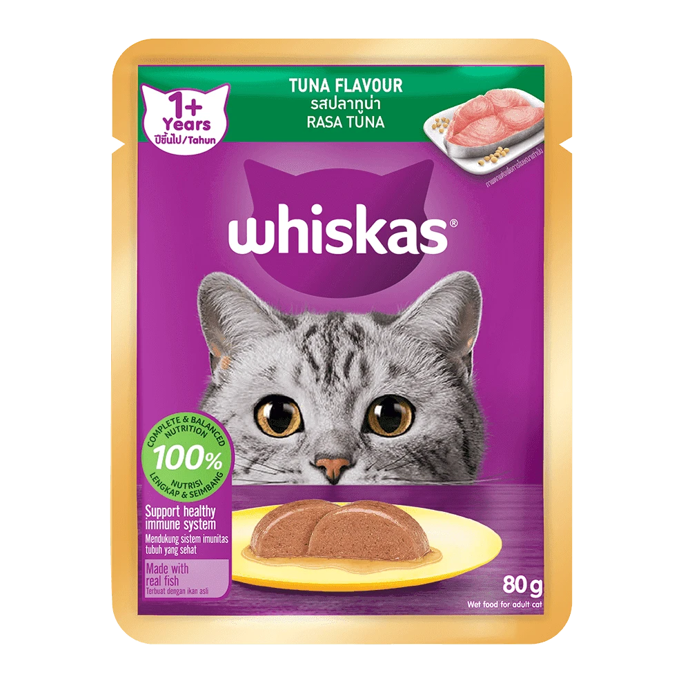 WHISKAS® Adult Tuna Feast – 80 g × 28 Pouches pack front