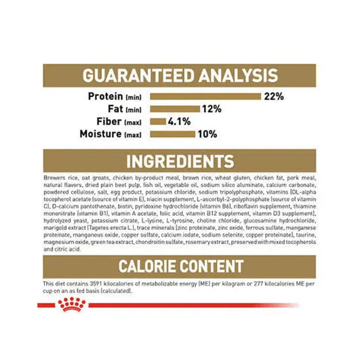 Royal Canin Bulldog Adult guaranteed analysis, ingredients and calorie content