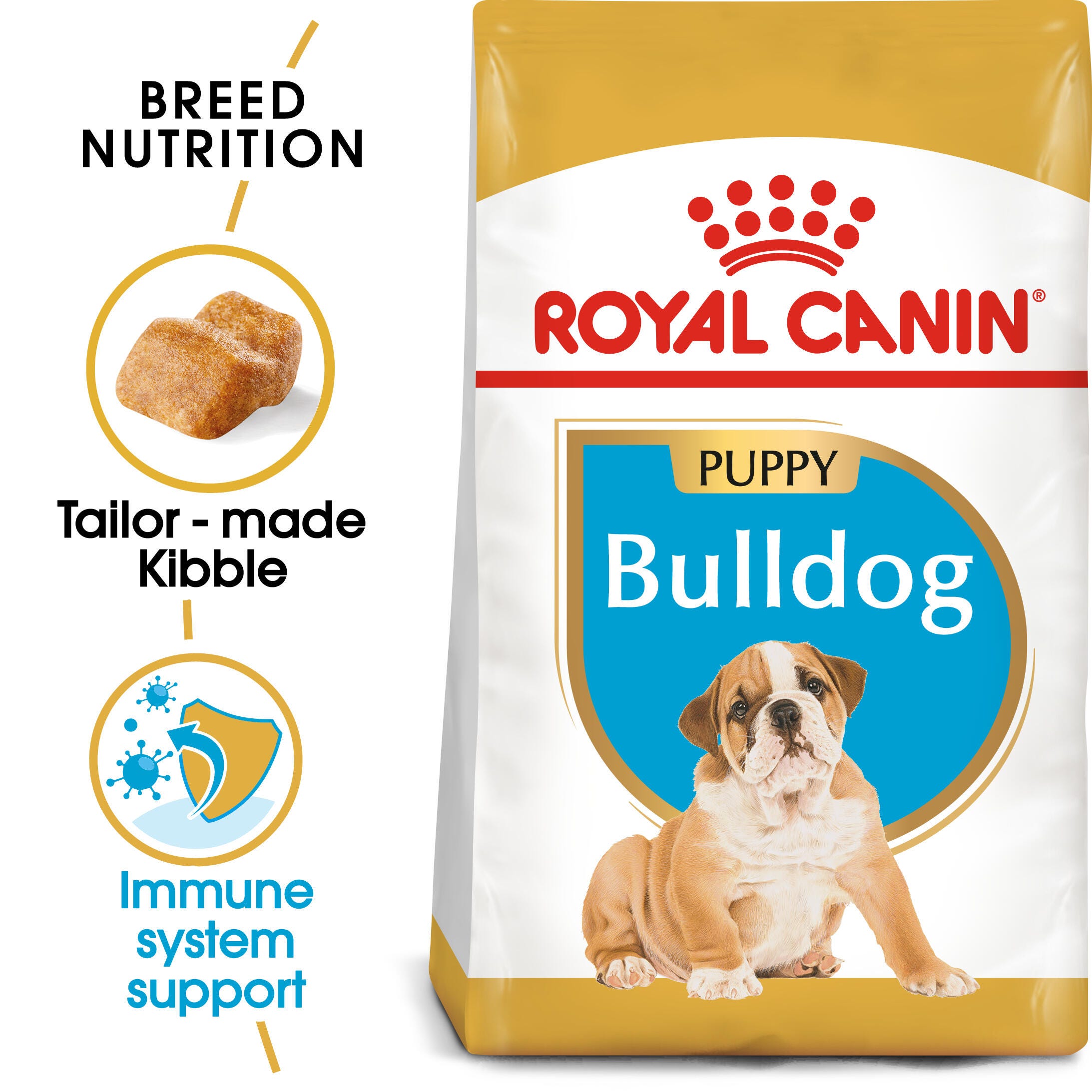 Royal Canin Bulldog Puppy pack with tailor-made kibble and immune support benefit