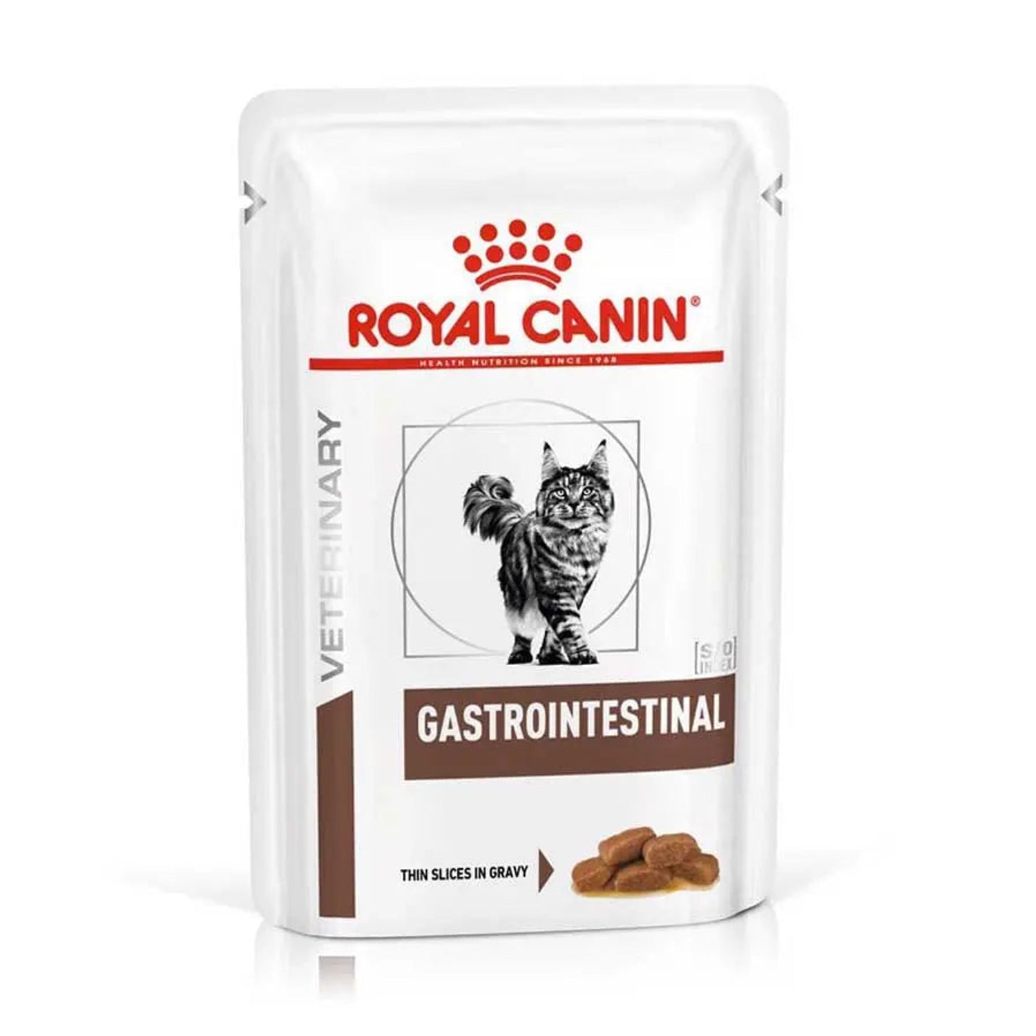 Royal Canin Gastrointestinal wet cat food 85g pouch front with thin slices in gravy