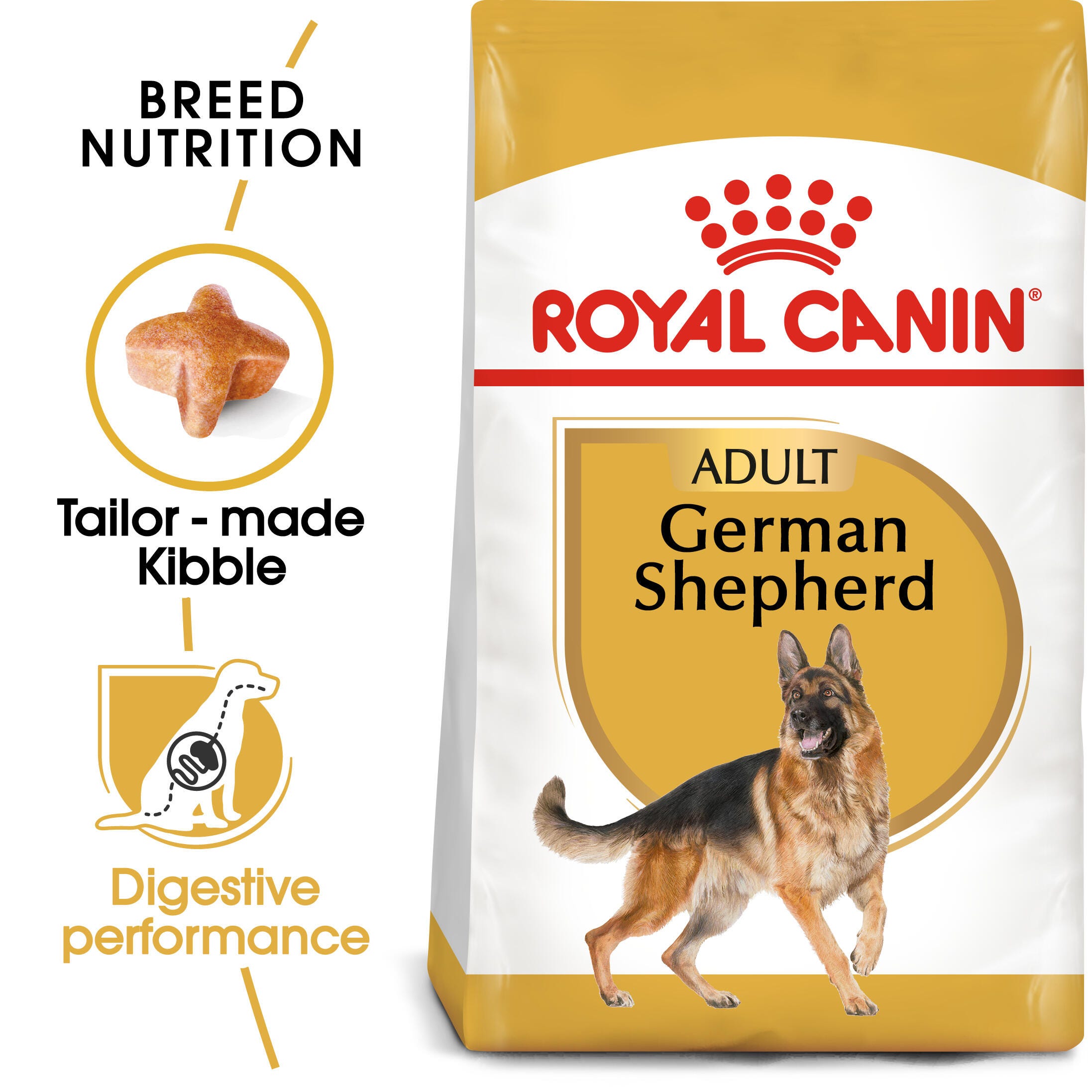 Royal Canin German Shepherd Adult pack with tailor-made kibble and digestive-performance benefit