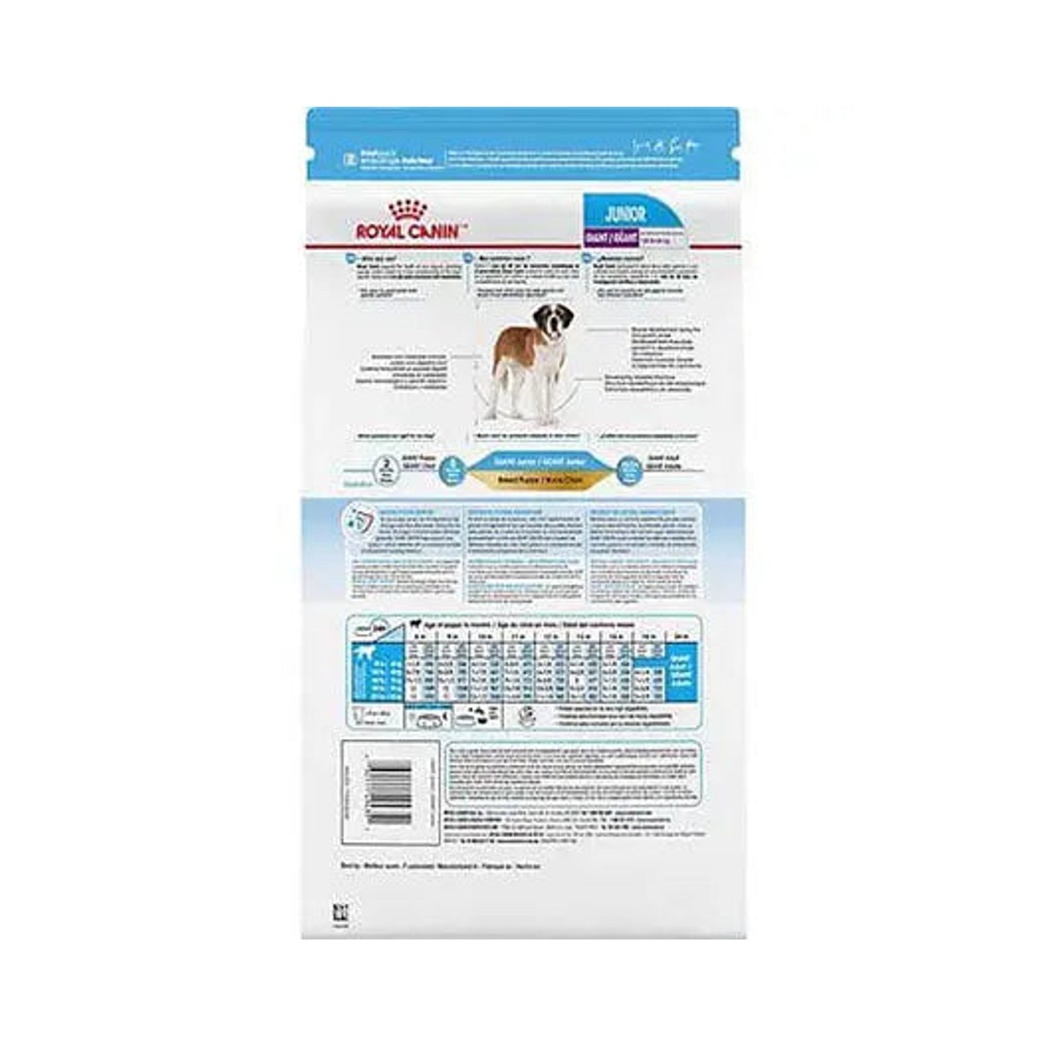 Royal Canin Giant Junior 15kg bag back with feeding guide and nutrition information