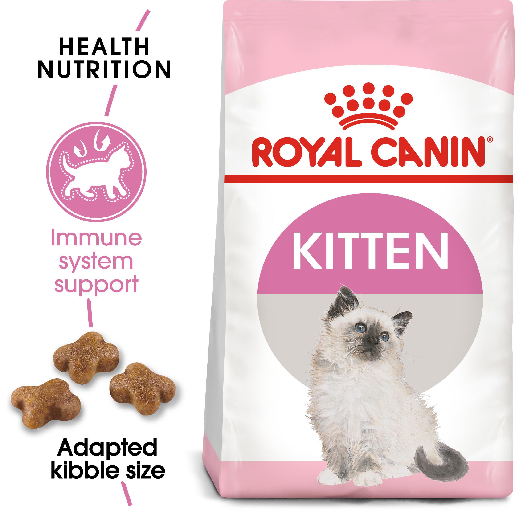 Royal Canin Kitten pack with adapted kibble and immune-system support benefit