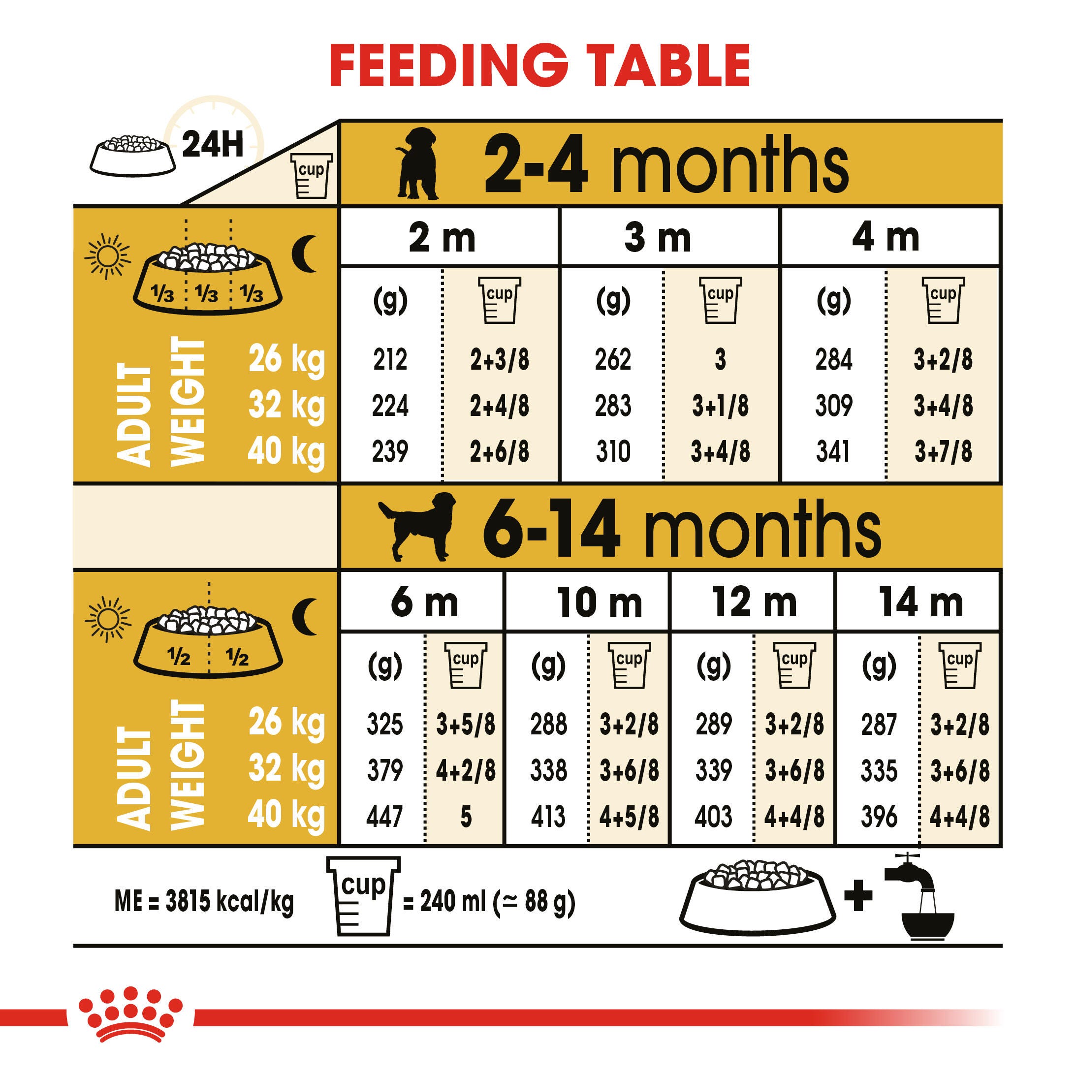 Royal Canin Labrador Retriever Puppy daily feeding table from 2 to 14 months