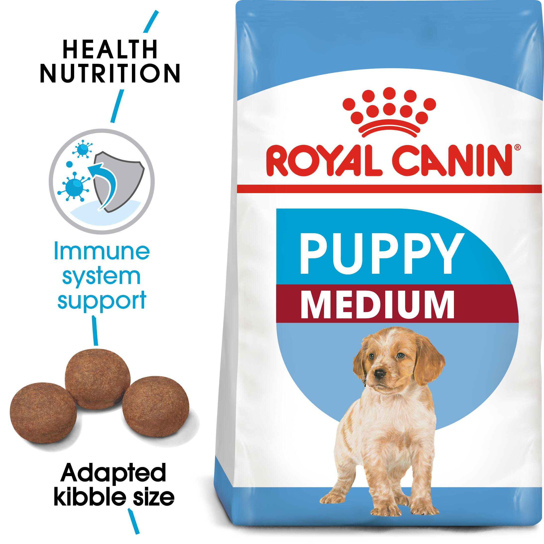 Royal Canin Medium Puppy pack with adapted kibble and immune-system support benefit