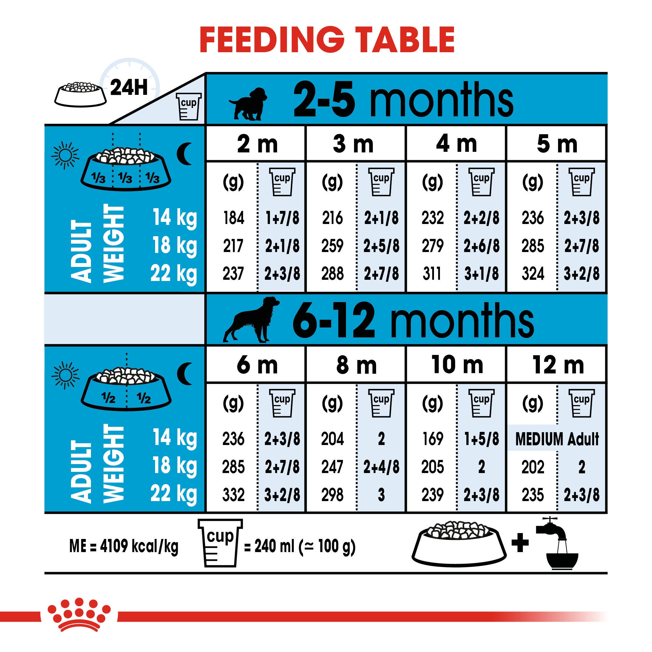 Royal Canin Medium Puppy daily feeding table from 2 to 12 months
