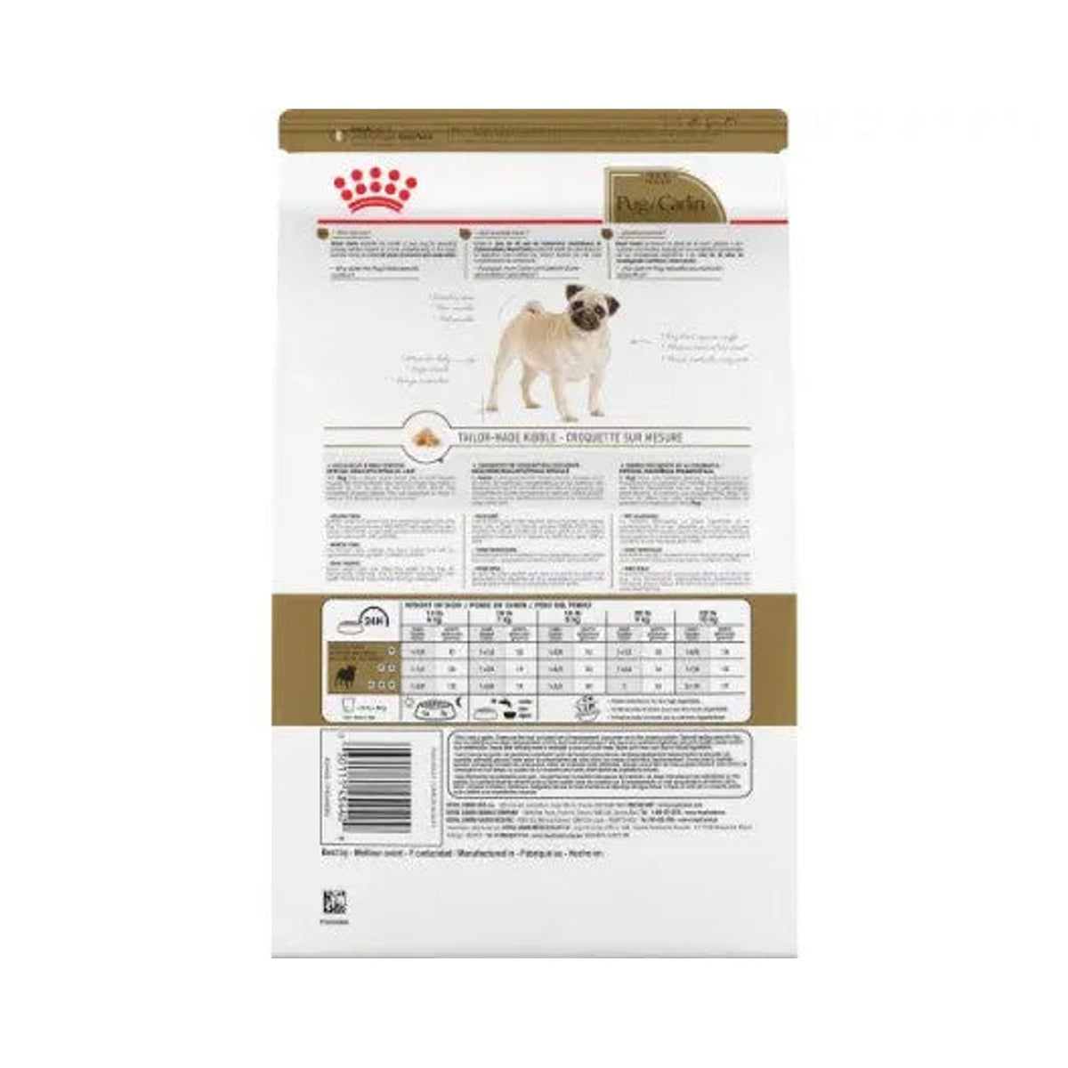 Royal Canin Pug Adult 1.5kg bag back with feeding guide and product information
