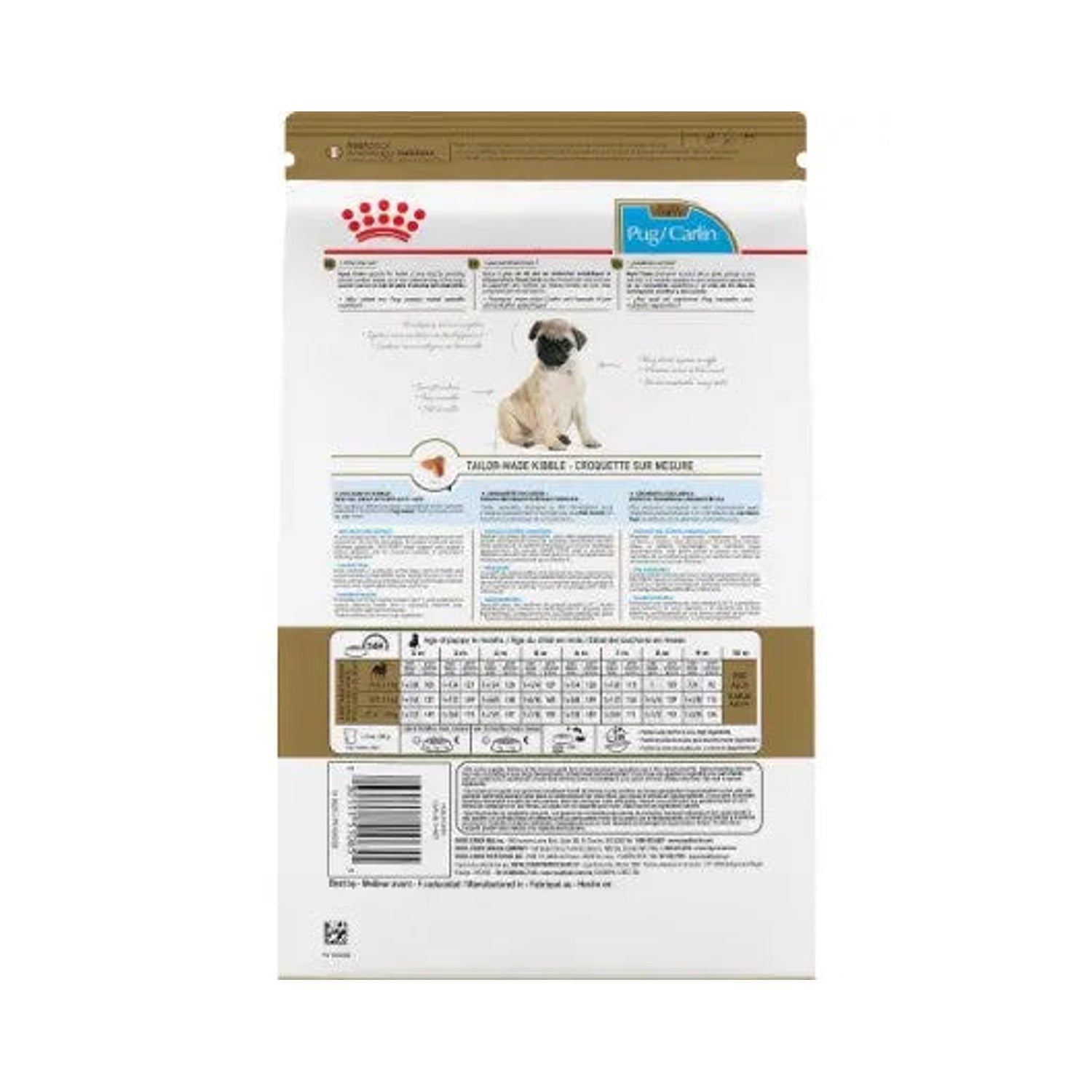 Royal Canin Pug Puppy 1.5kg bag back with feeding guide and product information