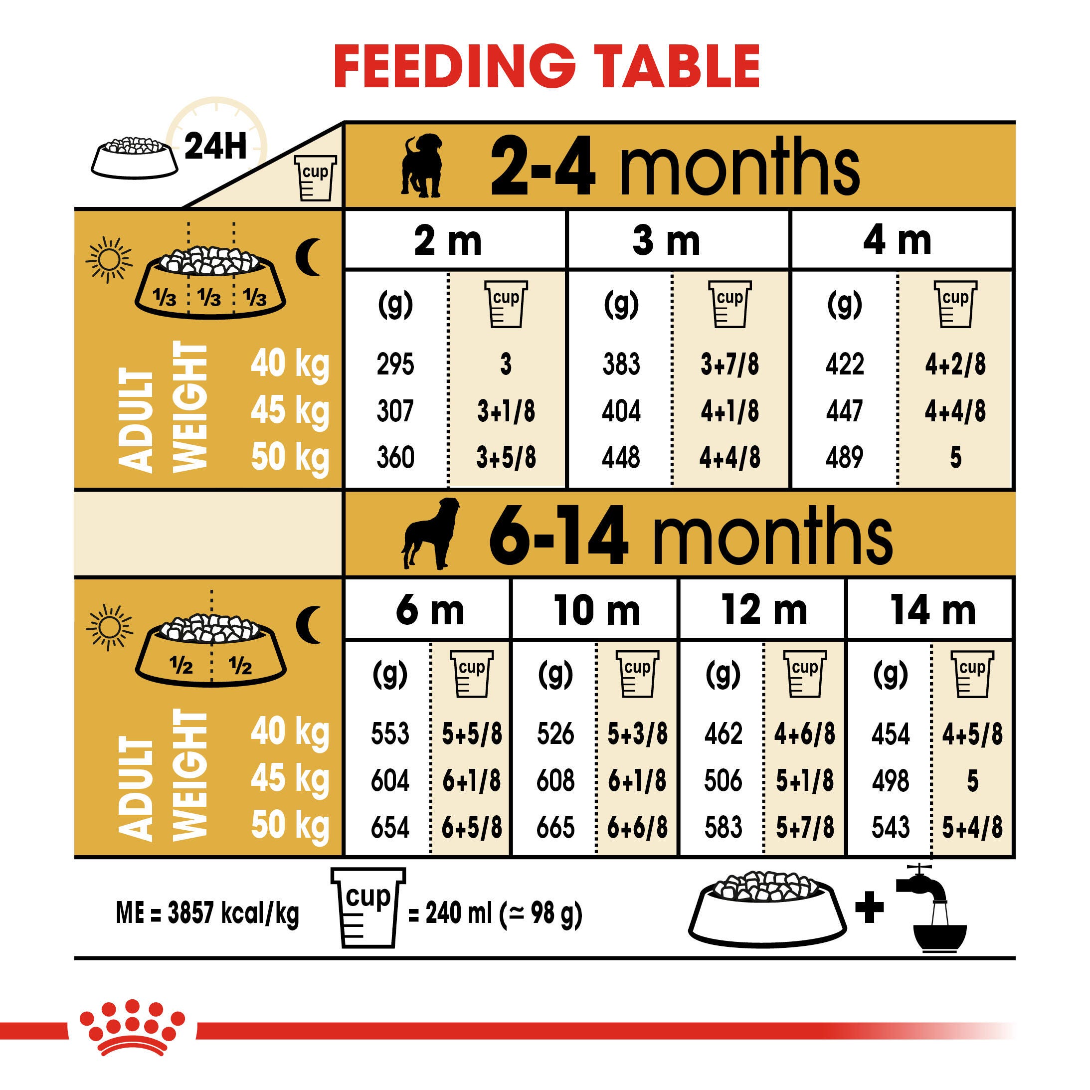 Royal Canin Rottweiler Puppy daily feeding table from 2 to 14 months