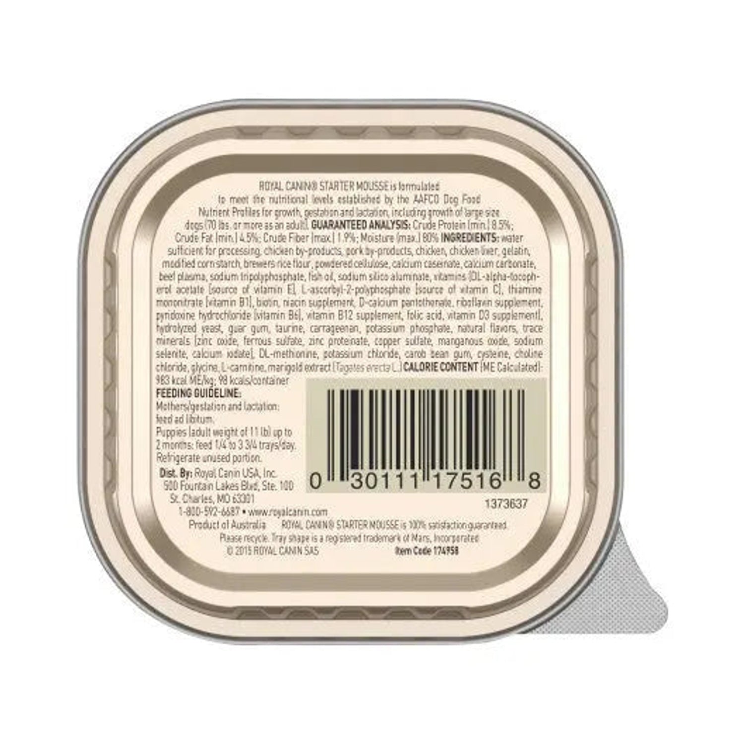 Royal Canin Starter Mousse 195g tray underside with ingredients and barcode
