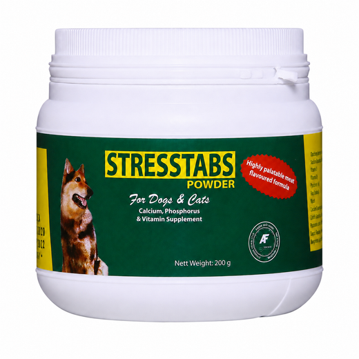 STRESSTABS calcium phosphorus and vitamin powder supplement 200g pack front