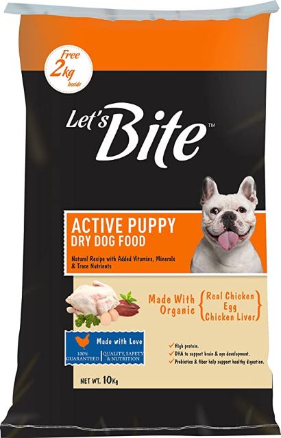 Let's Bite Active Puppy Dog Food 10Kg + 2kg Free inside